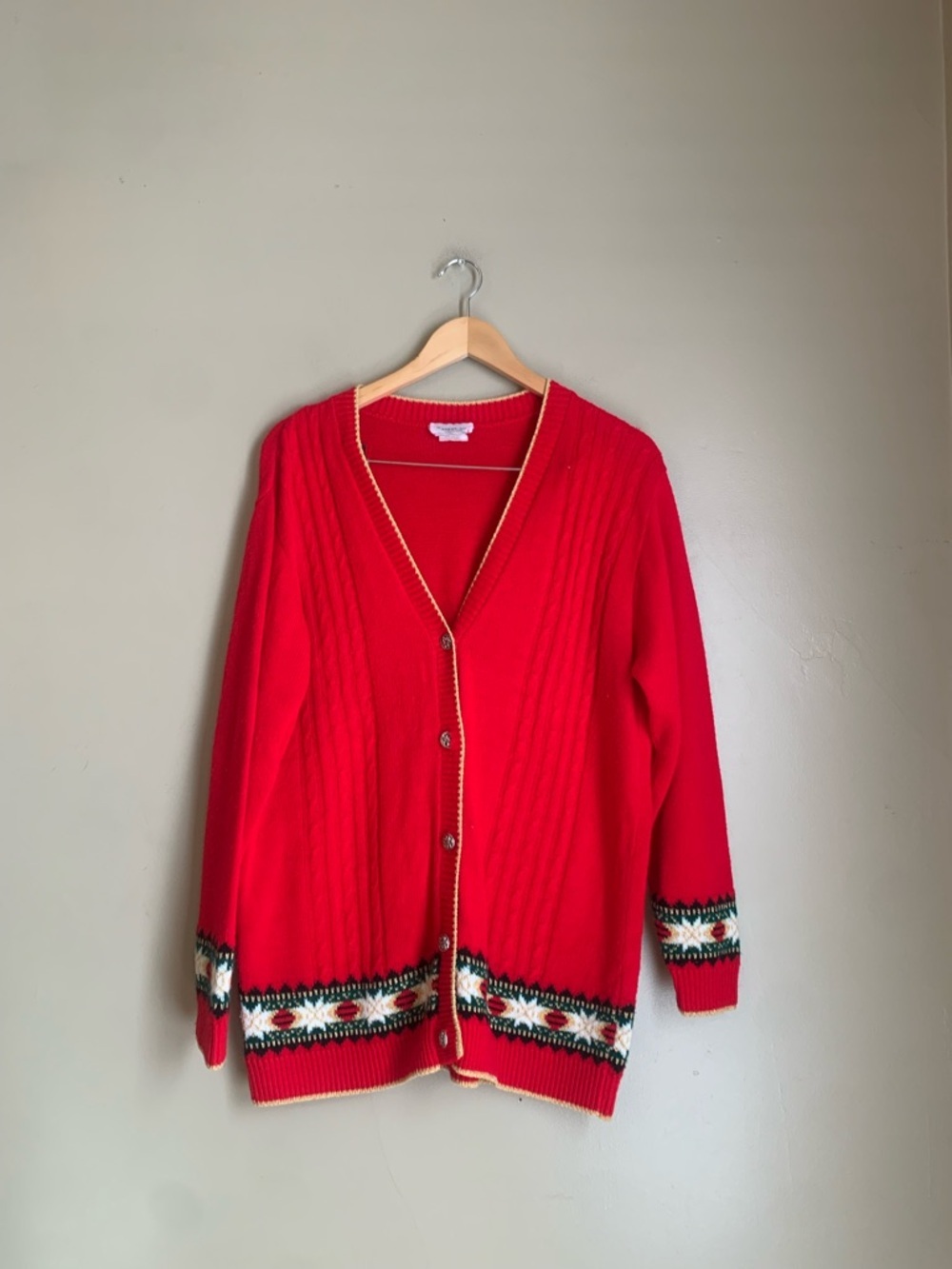 Vtg American Collection Red Christmas Cardigan Sz LGranny Core Cable Knit Gold